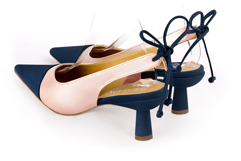 Navy blue and powder pink women's slingback shoes. Pointed toe. Medium spool heels. Rear view - Florence KOOIJMAN